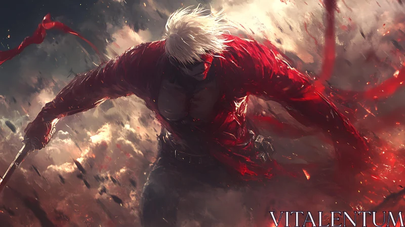 White-haired swordsman in red coat charging through embers