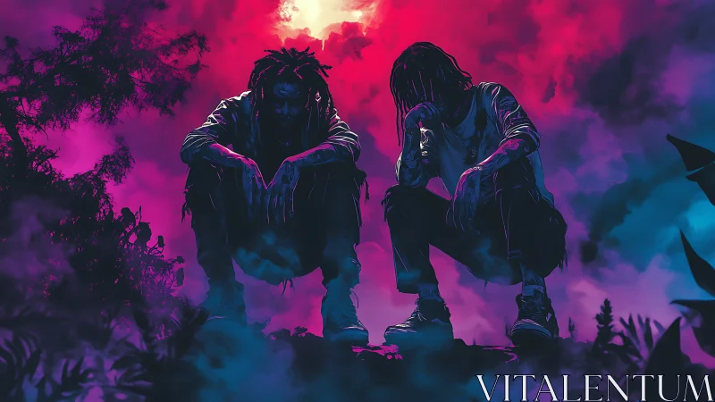 Two crouching figures silhouetted against neon storm sky