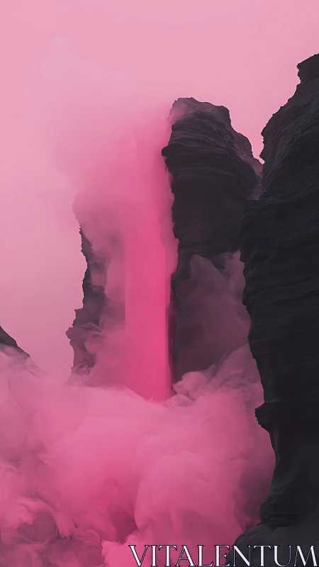 Neon pink waterfall slicing through shadowed canyon walls.