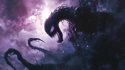 Shadowy cosmic creature rising through stormy violet light.