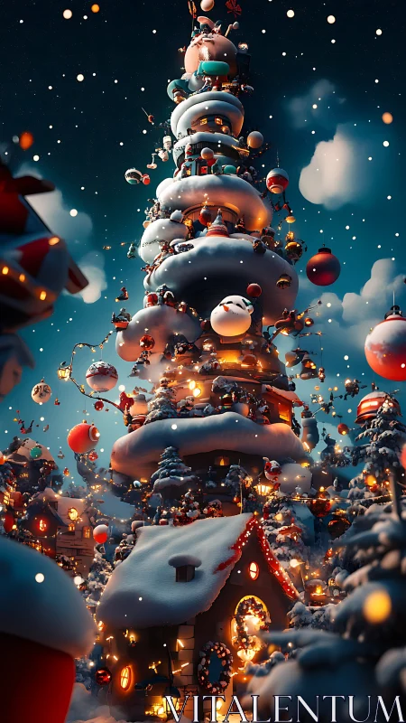 Towering snow village tree glows with festive winter lights