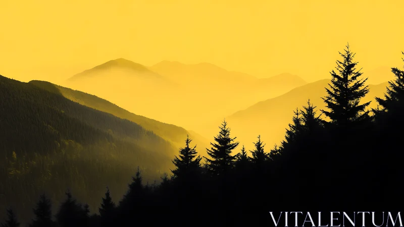 Layered conifer hills in dense yellow atmospheric haze.
