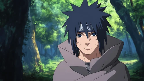 Quiet resolve of a cloaked ninja in sun-dappled forest.