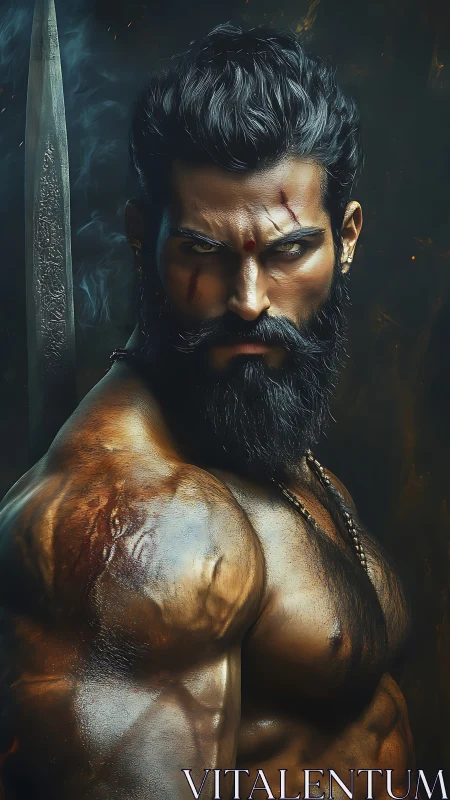 Hyperreal warrior portrait with scarred anatomy rendering.