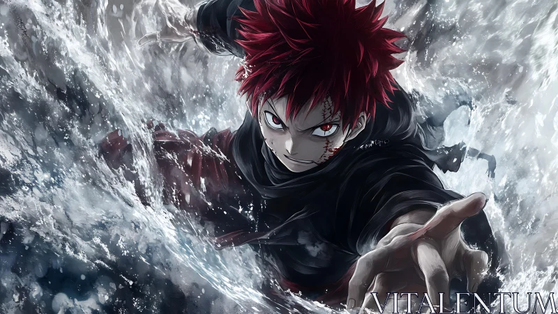 Scarred red‑haired warrior lunging through raging water storm.