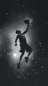 Soaring basketball player leaping through a starry night sky.