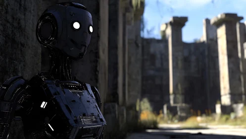 Chrome-eyed wanderer in sunburnt stone ruins, quietly listening.