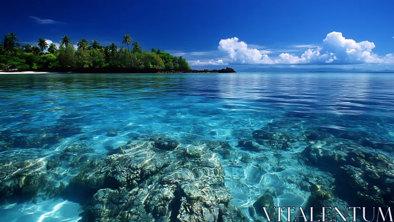 Tropical shoreline shows clear shallow reef under calm water