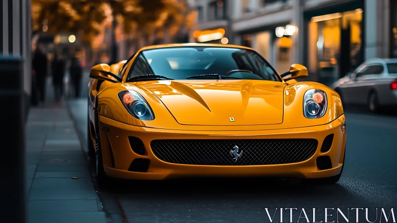 Golden sports car glowing softly on a twilight city street.