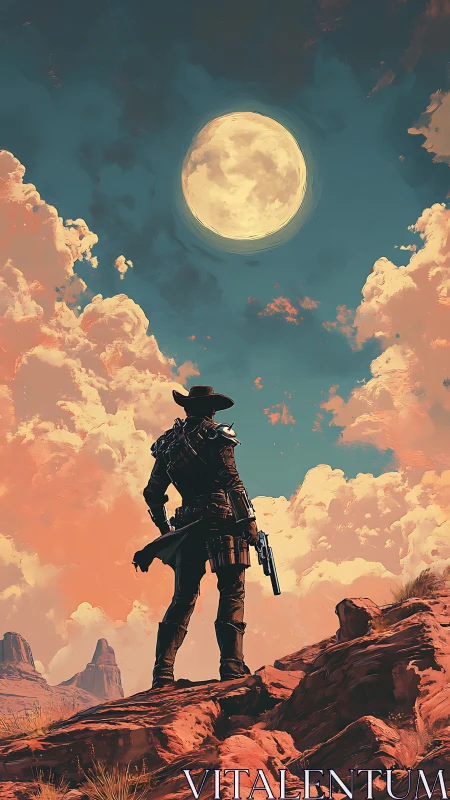 Lone gunslinger stands on red desert ridge under full moon.
