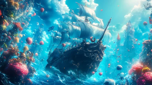 Fantastical galleon sailing through luminous coral towers.