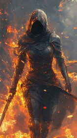 Hooded armored figure strides forward surrounded by fire