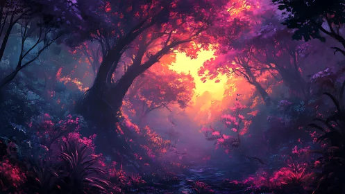 Luminous forest landscape with radiant canopy and glowing ambient lighting