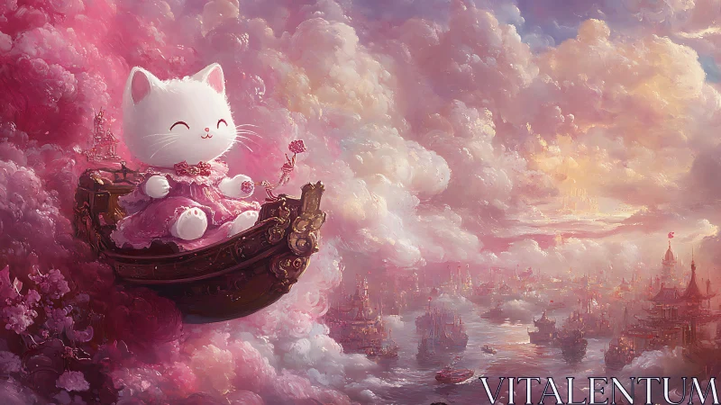 Smiling kitten sails above a pastel sky harbor dreamscape