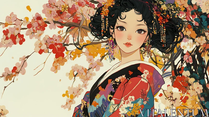 Elegant kimono portrait framed by stylized blossoms.