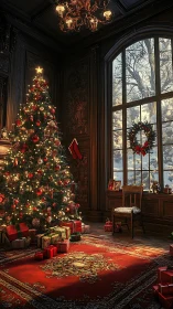 Interior view of decorated Christmas tree in dark paneled room.