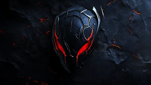 Metallic mask with red visor on cracked dark surface.
