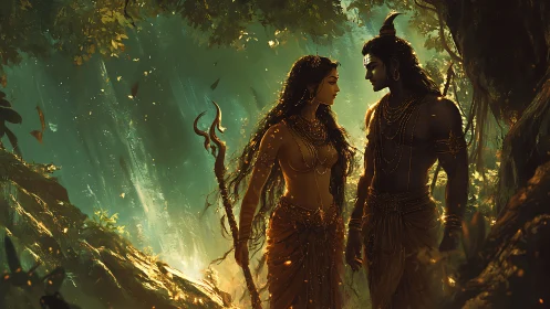 Enchanted forest lovers glowing in soft golden light.