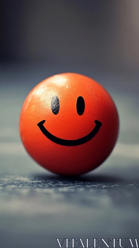 Orange smiley ball rests on textured surface in soft light