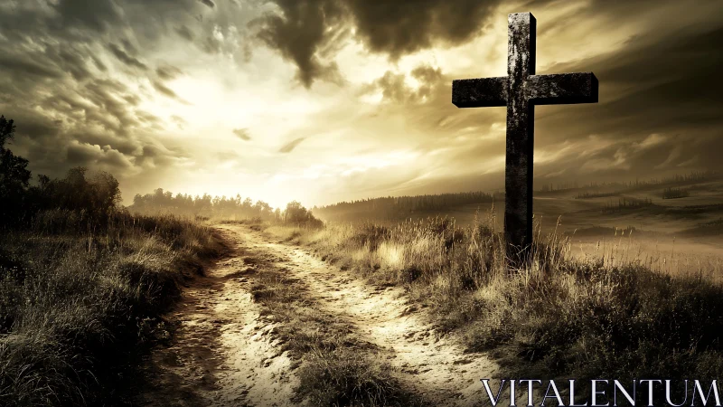 Dark wooden cross by dirt path under stormy sunset sky.