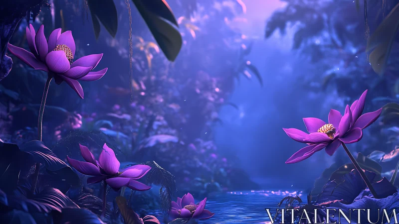 Moonlit lotus cove where twilight turns petals to jewels.