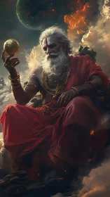 Cosmic sage cradles a molten world in stormlit twilight