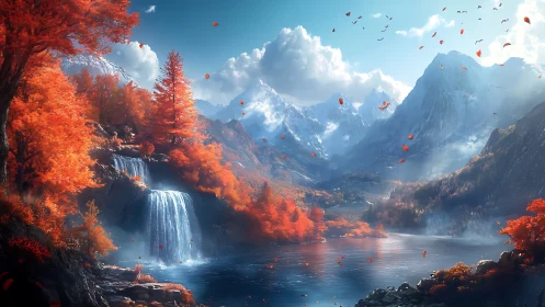 Crimson valley waterfall beneath bright whispering peaks.