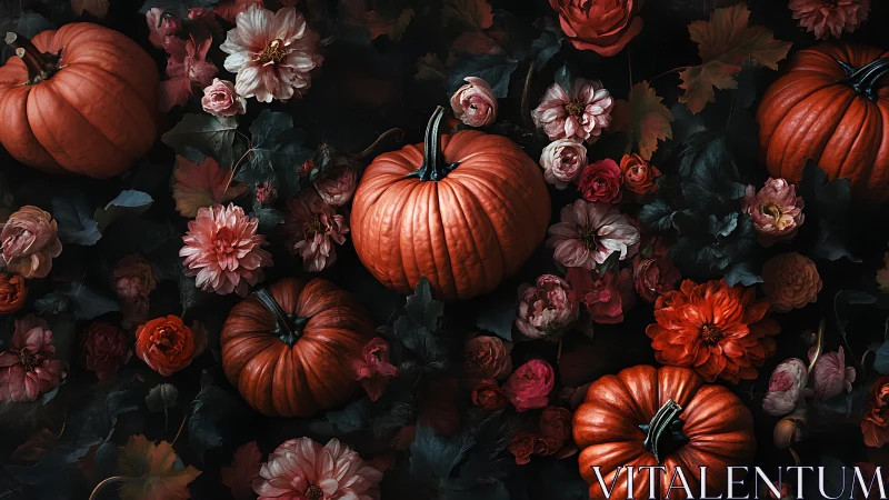 Pumpkins and Autumn Flowers Against Dark Background