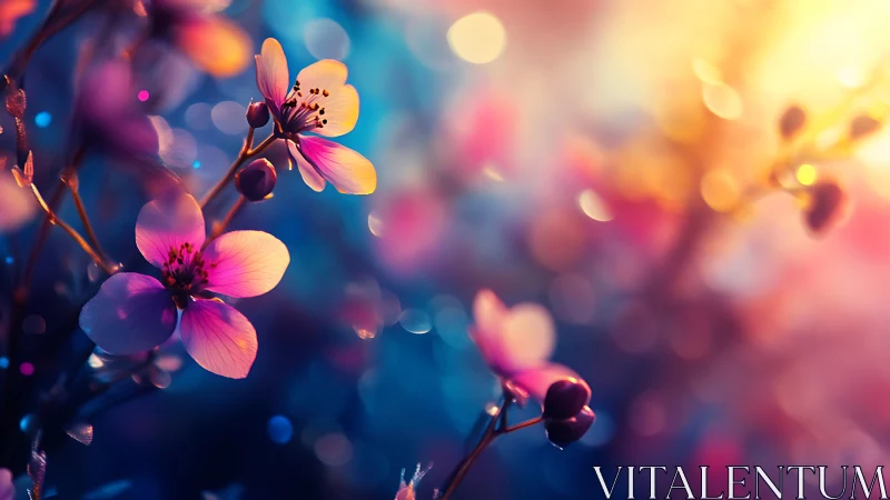 Luminous Flowers Against Vibrant Blue and Gold Bokeh.