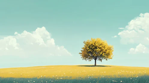 Solitary golden tree on sunlit meadow under cyan sky.