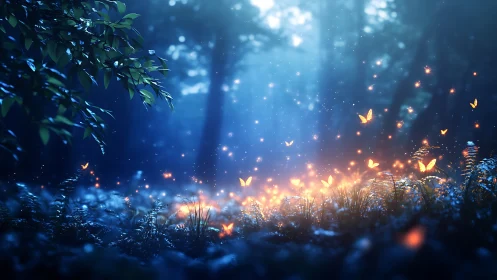 Moonlit forest meadow ignites with wandering firefly butterflies.