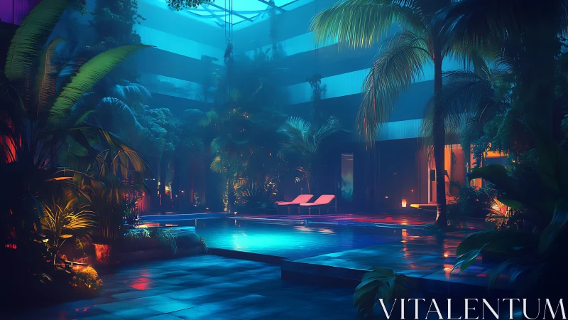 Neon lit indoor tropical pool with lush palm plants.