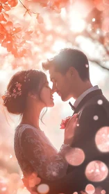 Couple in Wedding Attire Backlit by Floral Canopy