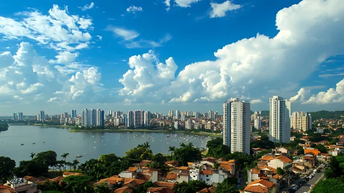 Lakeside skyline with highrise towers under towering clouds.