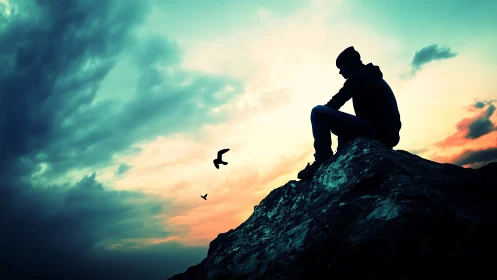 Silhouetted figure on rocky summit at vivid dusk sky panorama
