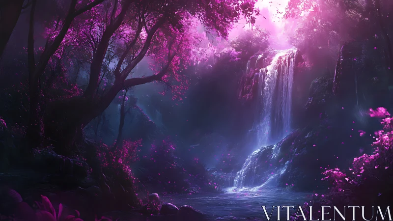 Moonlit waterfall glows in a secret violet forest dream.
