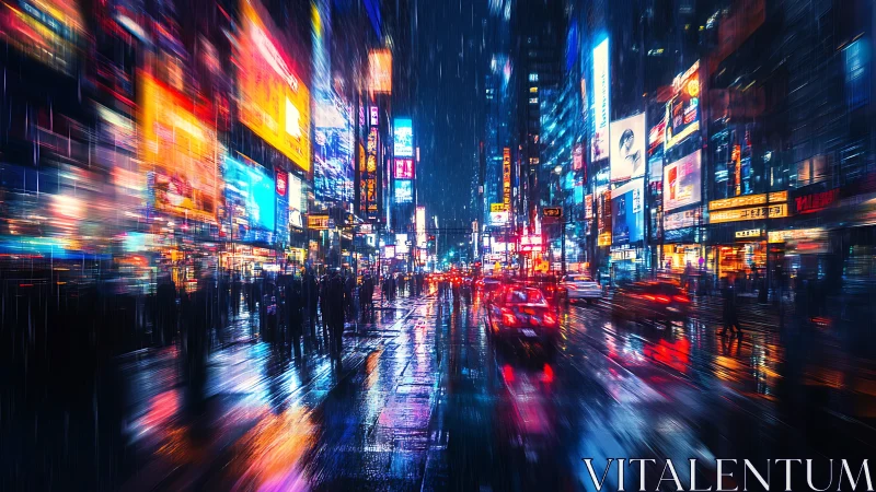 Neon soaked city street at night in heavy urban rainfall.
