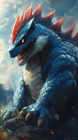 Blue spiked dragon crouched in dramatic outdoor landscape.