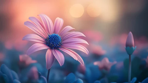 Pink Daisy Flower with Blue Disc Florets Against Bokeh Background