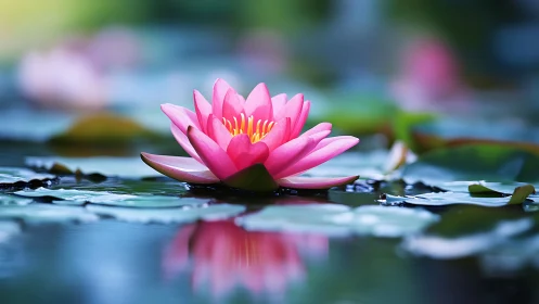 Pink water lily resting on reflective pond surface at dusk.