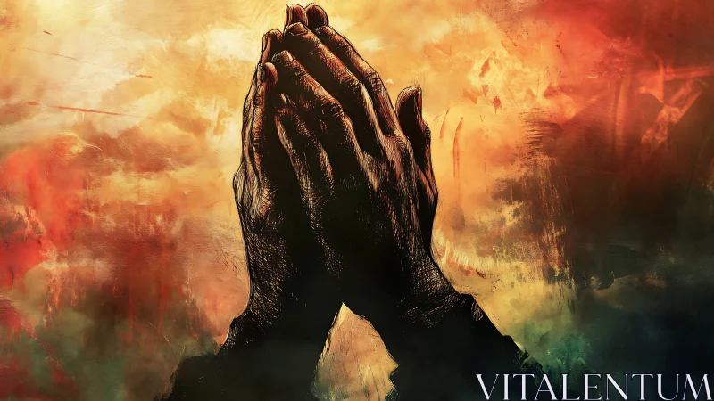 Digital painting of praying hands against abstract ember sky.
