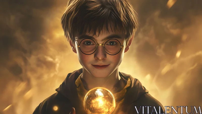 Young wizard studies glowing orb under golden storm light.