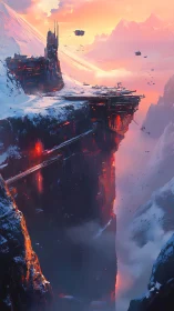 Thermal rift citadel on glaciated canyon edge at sunset.