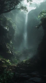 Misty Waterfall Deep in Rainforest Canyon.