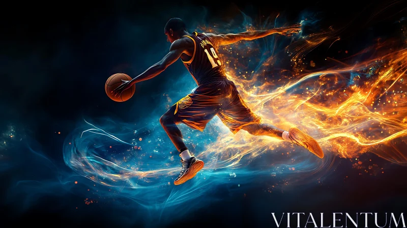 Flame-split baller soars through electric blue twilight court.