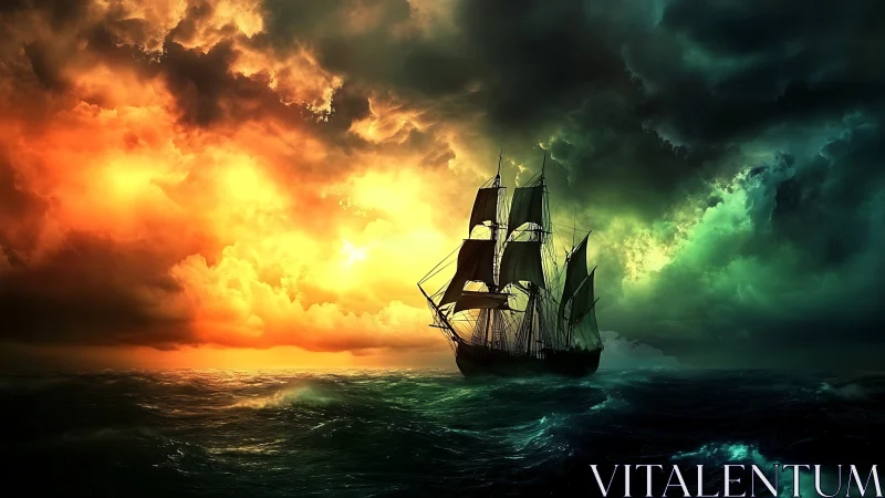 Three-masted sailing ship on dark sea under vivid storm sky.