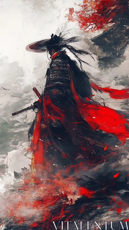 Samurai figure in red-accented armor amid swirling mist.