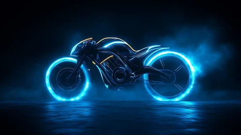Futuristic neon motorcycle glows in an electric blue haze.
