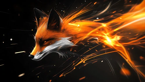 Fiery fox head streaks forward through blazing light trails