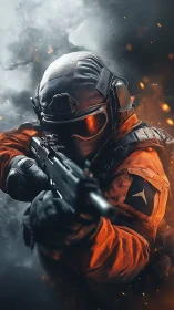 Armored soldier aiming rifle amid smoke and embers.